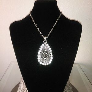 Silver-tones rose encrusted teardrop pendant-NWOT
